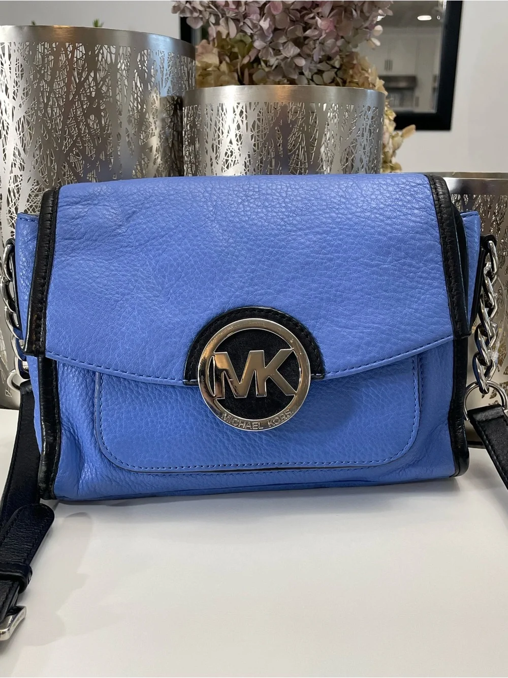 Michael Kors Blue Leather Crossbody Bag MK Logo Flap Chain Strap Shoulder